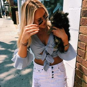 LF Striped Ruffle Sleeve Tie Crop Top